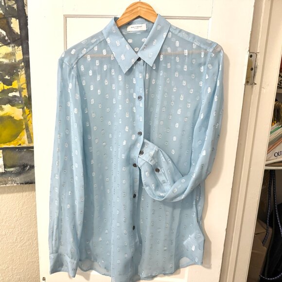 Equipment essential semi-sheer long sleeve metallic fil coupé blouse L - Picture 3 of 14